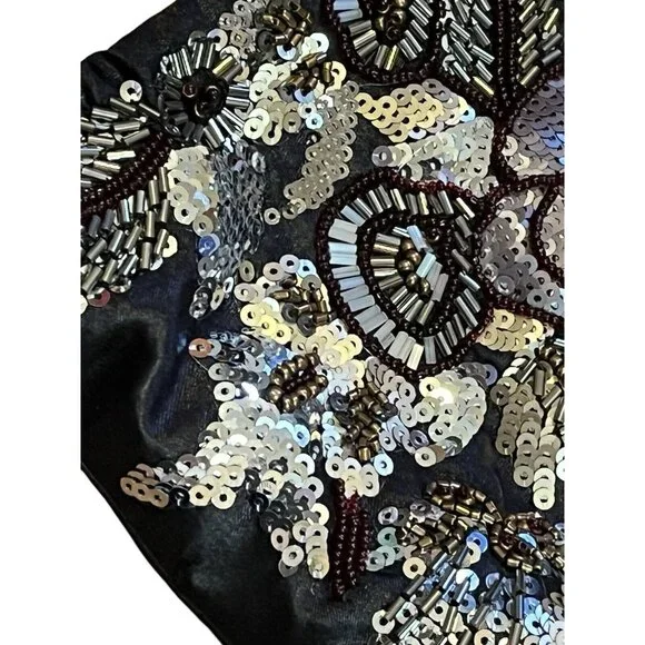 Vintage Jessica McClintock Black Floral Sequin Beaded Evening Formal Bag Purse - Picture 4 of 10